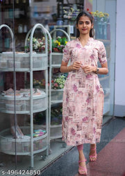 “Women’s Stylish Pink Floral Printed Kurti with V-Neck & Half Sleeves”