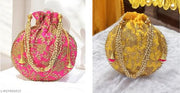 Women's Embroidered Silk Potli Bag with Pearl Handle & Drawstring Closure | Ethnic Bridal Clutch for Wedding, Party, Festive & Return Gift pack of 2