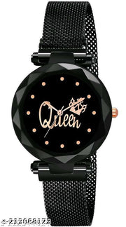 Analogue Studded Stylish Queen Black Dial Magnet Watch with Gift Bracelet for Women or Girls and Watch for Girl or Women (Combo of 2)
