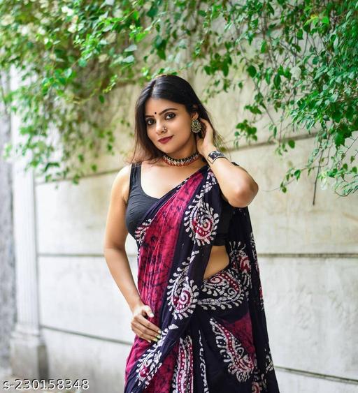 Latest Pure Cotton Mulmul Hand Printed Saree With Unstitched Blouse