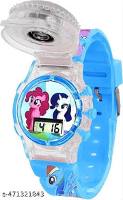 Digital Dial Glowing Light Cartoon Rotating Cap Cartoon Printed Strap Colorful Kids Watch for Girls & Boys