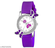 Purple PU Strap Watch with Diamond-Studded Flower Dial for Women & Girls