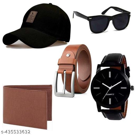 pack of 5 combo fashoinable accessories for men and boys solid printed baseball cap leather watch belt wallet glasses
