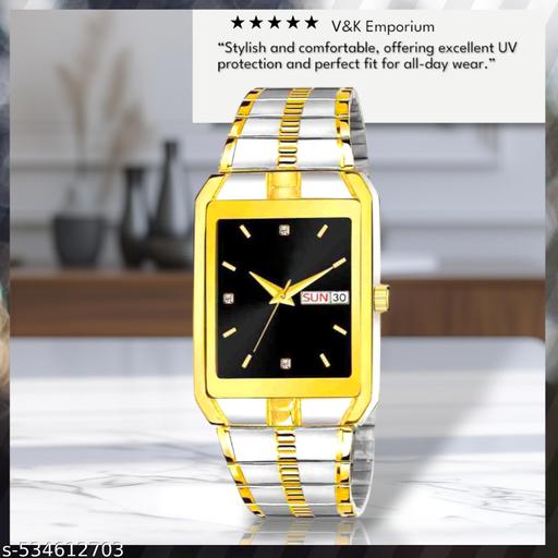 V&K Emporium.  Men's Golden- Silver  Two Tones rectangular wristwatch withe Date And Day.Stylish And Gorgeous.Looks.