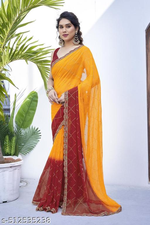 SUBHAM Women's Yellowish Georgette Checks Embroidered Saree with Unstiched Blouse