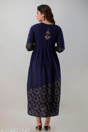 New Stylish Gold Print Rayon Anarkali Long Flared Kurti