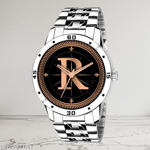 Welix Analog Round Black Dial ALPHABET R Design Stylish Silver Stainless Steel Strap Classic Design Fancy Wrist Watch for Men and Boys, Pack of 1 - ALPHA-R-AVO-SIL-STL