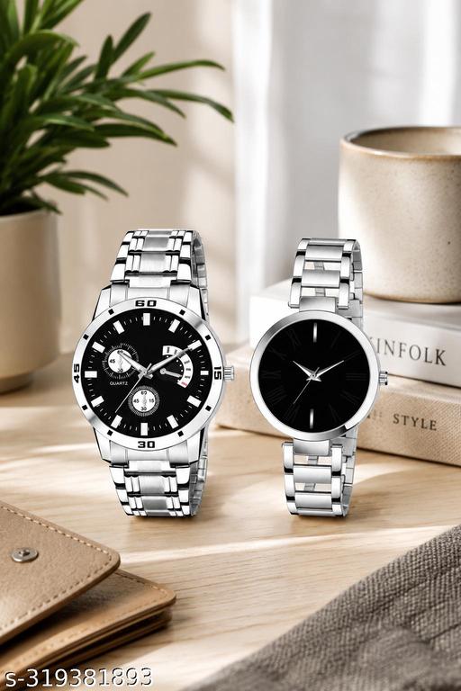 Black Dial Analog Watch For Men & Women Couple Pair Stainless Steel Stylish