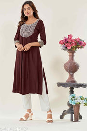 Glomee Presented Rayon Cotton Embroidery work Nayra cut kurta (BROWN)
