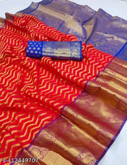 Attractive & Beautiful Soft Kanjivaram silk fabric banarasi style self designed zigzag saree with zari woven border & unstitched blouse