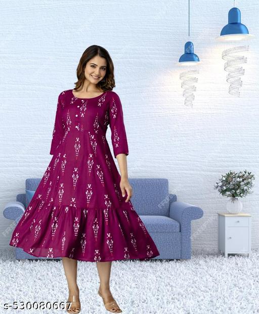 Women's Printed Rayon Anarkali Kurta for Girls Casual Wear Long Gown Kurti