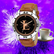 Femeo  Analog 9103 Watches Round Black Dial L Design Stylish Beige Leather Strap Classic Design Fancy Wrist Watch for Men and Boys, Pack of 1 - A07ZALPHA-L-AVO-SIL-TAN-CRL