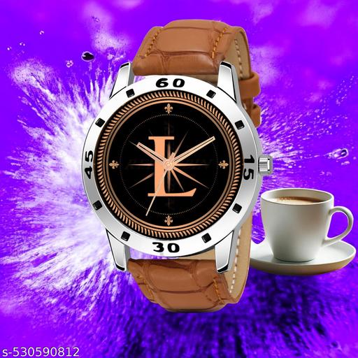 Femeo  Analog 9103 Watches Round Black Dial L Design Stylish Beige Leather Strap Classic Design Fancy Wrist Watch for Men and Boys, Pack of 1 - A07ZALPHA-L-AVO-SIL-TAN-CRL