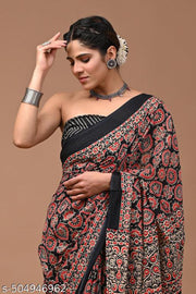 Traditional Women's Summer Special Jaipuri Hand Block Ajrakh Printed Pure Cotton Mulmul Saree with Unstitched Blouse Piece | best for office wear | best for onam | best for festivel