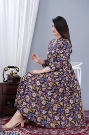 Women's Stylish Full Flair Anrakali Rayon Jaipur printed  Blue Kurta