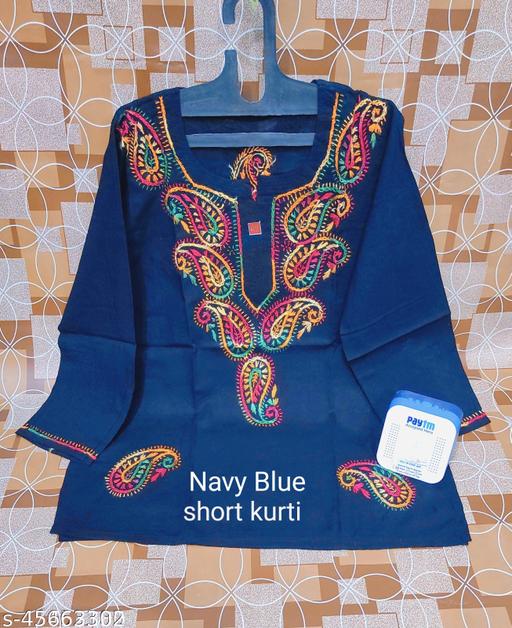 Aagyeyi Pretty chikankari handwork embroidered multi thread blue short cottonKurtis