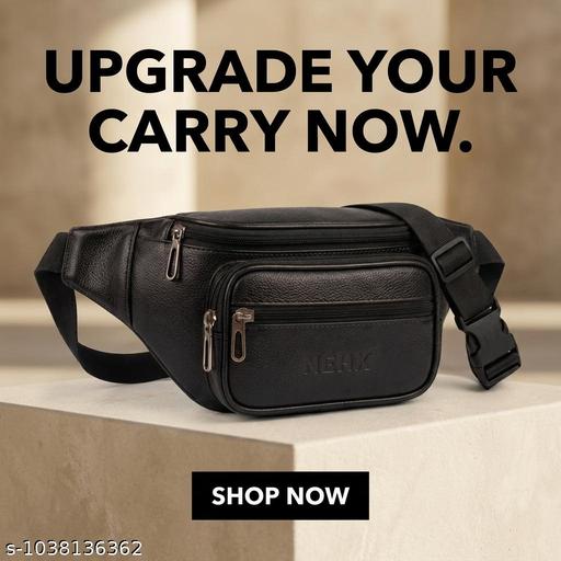 Men's Black Leather Waist Bag Multipocket Fanny Pack Adjustable Belt Bag Travel Waist Pouch Crossbody Sling Bag with Zipper Compartments for Travel, Outdoor, Hiking, Running, Cycling and Daily Use