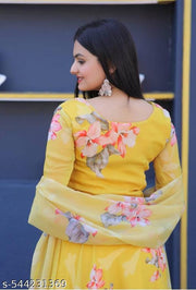 Elegant Yellow Floral Anarkali Dress – Women’s Round Neck Long Sleeves Ankle Length Ethnic Wear