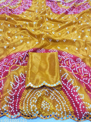 Mustard Yellow & Red Silk Bandhani Saree with Mirror Work Border and Matching Blouse Piece