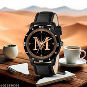 PS WATCHES Analog Round black Dial ALPHABET M Design Stylish black Strap Classic Design Fancy Watch for Men and Boys, Pack of 1 ALPHABET M-AVO-BLK-L-1