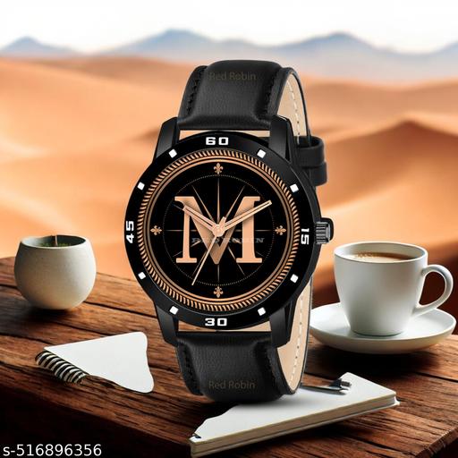 PS WATCHES Analog Round black Dial ALPHABET M Design Stylish black Strap Classic Design Fancy Watch for Men and Boys, Pack of 1 ALPHABET M-AVO-BLK-L-1
