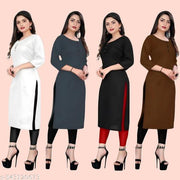 Solid Pack of 4 Casual Ethnic Plain A-Line American Crepe Fabric Light Weight Kurtis For Daily Use in Low Price