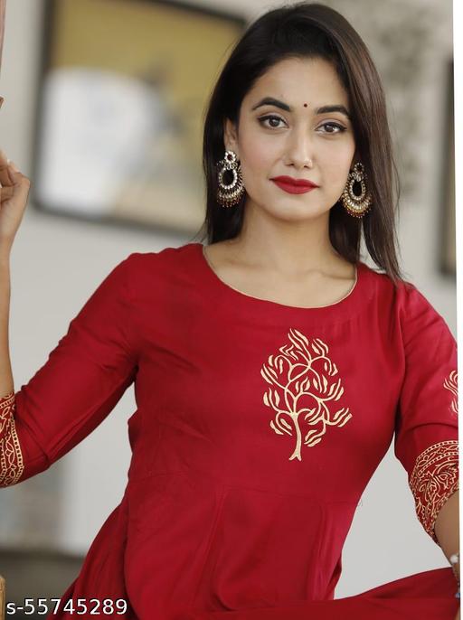 Women Red & Golden Block Print Anarkali Kurta