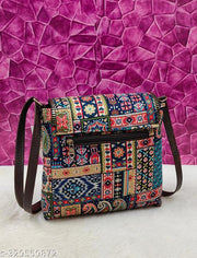 Classic Women Blue PU sling bag/Cotton Fabric sling bags for women/Full handwork bag/Party wear and wedding bag for women