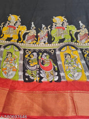 Dola Silk Kalamkari Print Jacquard Border Traditional wear saree for Women || Gift for Ladies on Wedding | Onam | Pongal | Navratri