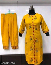 Cotton Kurtis Embroidery Women's Printed Pattern Cotton Kurti with Pant kurta set (Grey)