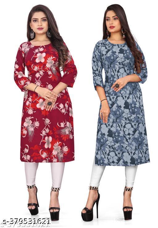 Polyster/Crepe fabric-Women Fabric Printed Straight Kurti, ( New Arrival New Design Fashionable Kurti Combo of 2)