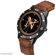 Natrix Analog Round Black Dial ALPHABET N Design Stylish Brown Leather Strap Classic Design Fancy Wrist Watch for Men and Boys, Pack of 1 - ALPHA-N-AVO-BLK-DBRW-CRL