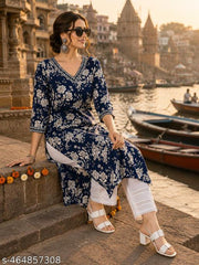 Women Rayon Printed V - Neck Straight  Kurti | Blue Straight Kurta For Women | Kurti For Women | Single Kurti For Women | Kurta For Jeans | Women Kurta | Kurta Under 299 | Kurti |Daily Wear Kurta