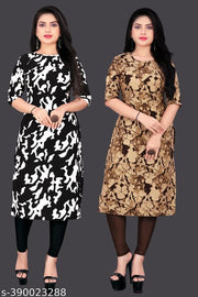 Women Crepe Printed Kurti Combo | Black & Brown Stylish Design | Pack of 2 Extra plus Size - S, M, L, XL, XXL, 2XL, XXXL, 3XL, 4XL, 5XL ( New Arrival New Design Fashionable Kurti Combo Of 2 )