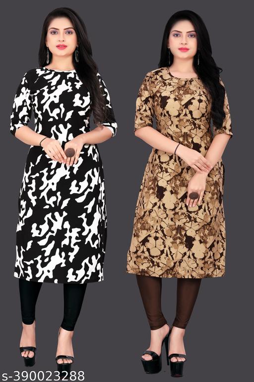 Women Crepe Printed Kurti Combo | Black & Brown Stylish Design | Pack of 2 Extra plus Size - S, M, L, XL, XXL, 2XL, XXXL, 3XL, 4XL, 5XL ( New Arrival New Design Fashionable Kurti Combo Of 2 )