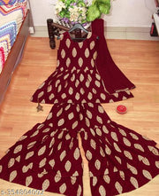 New Gorgeous Sharara MAROON Rayon Fabric Kurti With Net Dupatta For Occasional/Daily Wear