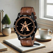PS WATCHES Analog Round Black Dial ALPHA1BET A Design Stylish Brown Leather Strap Classic Design Fancy Wrist Watch for Men and Boys, Pack of 1 - ALPHA1-A-AVO-BLK-DBRW-CRL