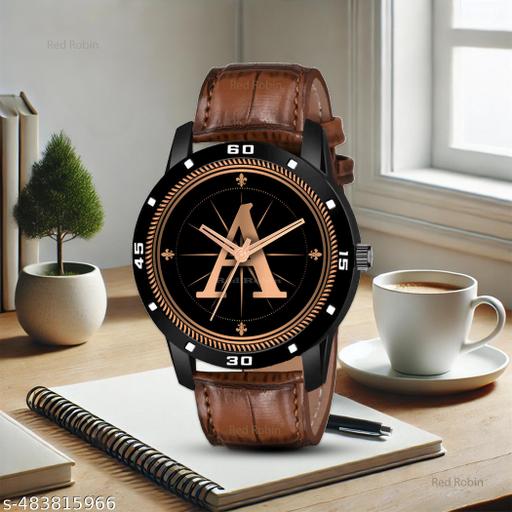 PS WATCHES Analog Round Black Dial ALPHA1BET A Design Stylish Brown Leather Strap Classic Design Fancy Wrist Watch for Men and Boys, Pack of 1 - ALPHA1-A-AVO-BLK-DBRW-CRL