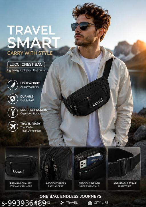 Lucci Sling Bag Fanny Pack Crossbody Chest Bag - Water Resistant Four Pocket Waist Pack, Adjustable Running Belt & Phone Holder for Men Hiking Travel