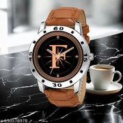 Femeo  Analog 9109 Watches Round Black Dial F Design Stylish Beige Leather Strap Classic Design Fancy Wrist Watch for Men and Boys, Pack of 1 - A07ZALPHA-F-AVO-SIL-TAN-CRL