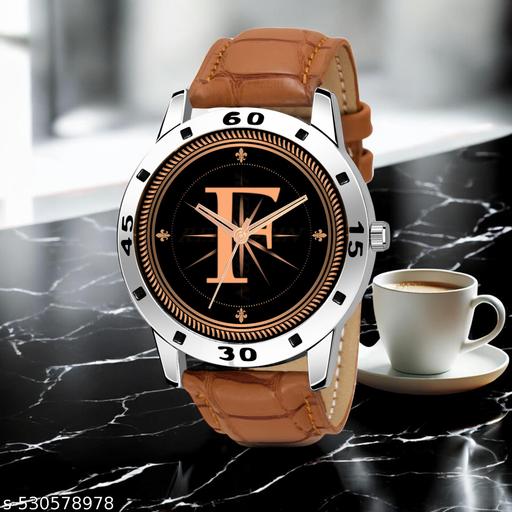 Femeo  Analog 9109 Watches Round Black Dial F Design Stylish Beige Leather Strap Classic Design Fancy Wrist Watch for Men and Boys, Pack of 1 - A07ZALPHA-F-AVO-SIL-TAN-CRL
