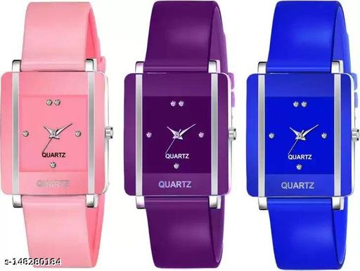 Square shape simple and stylish Purple Blue and pink color combo trending Analog Watch - For Girls