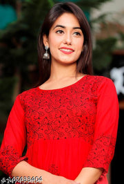 Women RED  Rayon Hand Block Print Detail Anarkali Kurti