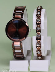 New Arrivals Festive Seasonal Stylish Throns Fit Round Ad Solid Gold Dial Metal Chain Belt Analog Watch with Attractive Diamond Studded Bracelet Combo for Women & Girls.