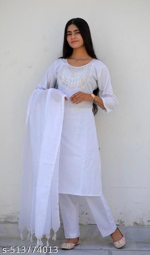 Cotton Trendy Fashion white kurti trouser with Dupatta