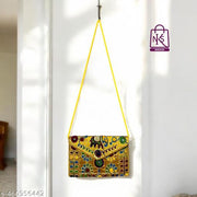 NAKASA Women's Jaipuri Handmade Damru Embroidery Small Yellow Clutch Cum Sling Bag