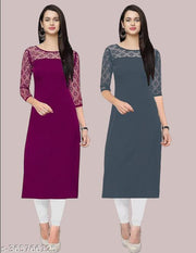 Pack of 1 Casual American Crepe And Net Round-Neck 3/4 Length Sleeves Wine & Grey Kurti (42"Inches)