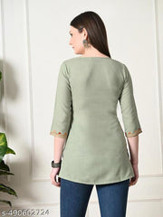 Womens Pista Green Embroidered Short Kurti
