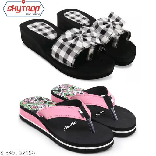 Skytrap Black, Pink Nubuck Eva Stylish & Comfortable Heels Slippers Flipflop for Women & Girls Combo of 2