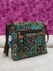 Fancy fashionable women Green PU sling bags/Cotton Fabric sling bags for women/Full handwork bag/Party wear and wedding bag for women